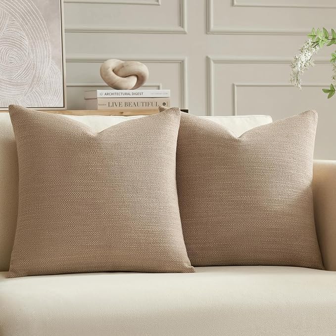 Meekio Set of 2 Linen Look Khaki Pillow Covers 20x20, Decorative Throw Pillow Covers for Couch, Sofa, Bed & Living Room Decor