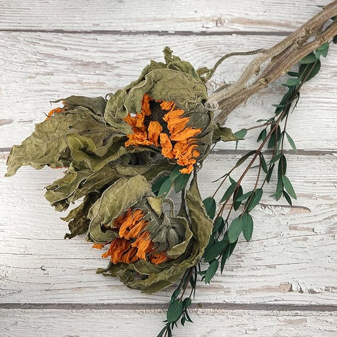 L'BREVOGA Dried Sunflowers with Stem, 3 pcs Natural Dried Sunflower for Floral Arrangements Home Wedding Party Decoration (15 Inches)