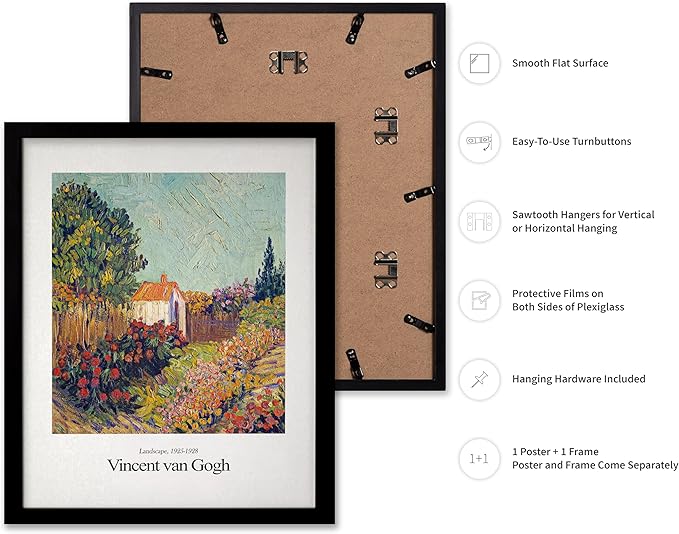 Monem Art Vintage Van Gogh Poster - Retro Impressionist Print - Flower Garden, Cottage, Sky, Colorful, Landscape - Gift for Artist, Friend - Wall Decor for Home, Office, 8x10 Black Framed