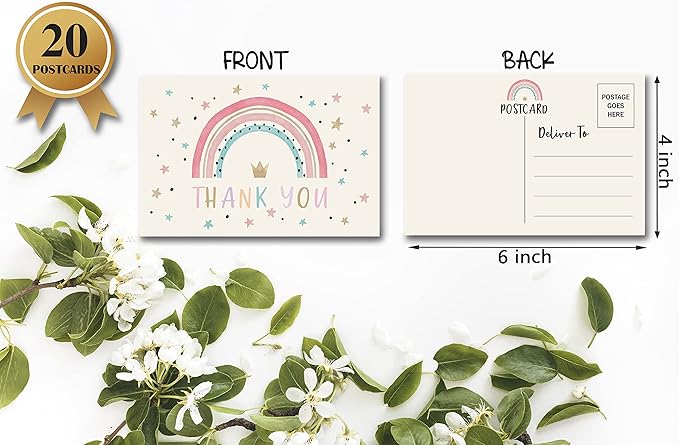 Birthday Thank You Postcards, Watercolor Rainbow Thank You Cards for Kids Girls Boys Birthday Party, Baby Shower Party, Set of 20 (A02)