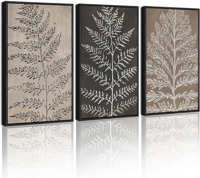 KUVIOKE Vintage Botanical Framed Wall Art Bohemian Tan Plant Leaf Wall Decor Nature Fern Plant Silhouette Wall Painting Home Decor 16x24in (Black Framed)