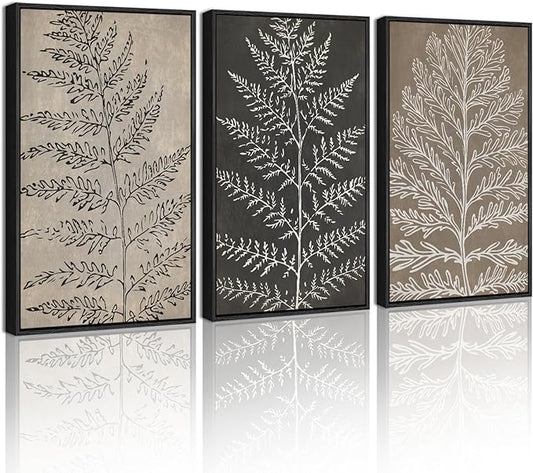 KUVIOKE Vintage Botanical Framed Wall Art Bohemian Tan Plant Leaf Wall Decor Nature Fern Plant Silhouette Wall Painting Home Decor 16x24in (Black Framed)