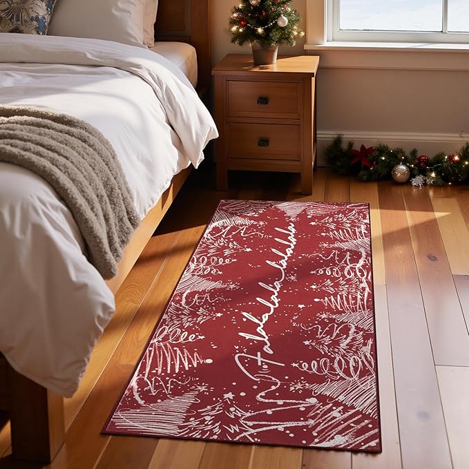 jinchan Deck The Halls Christmas Runner Rug 2x5 for Entryway Washable Christmas Tree Kitchen Rug Red Xmas Mat for Hallway Non-Slip Soft Carpet Winter Festive Holiday Decor for Bathroom Porch Bedside