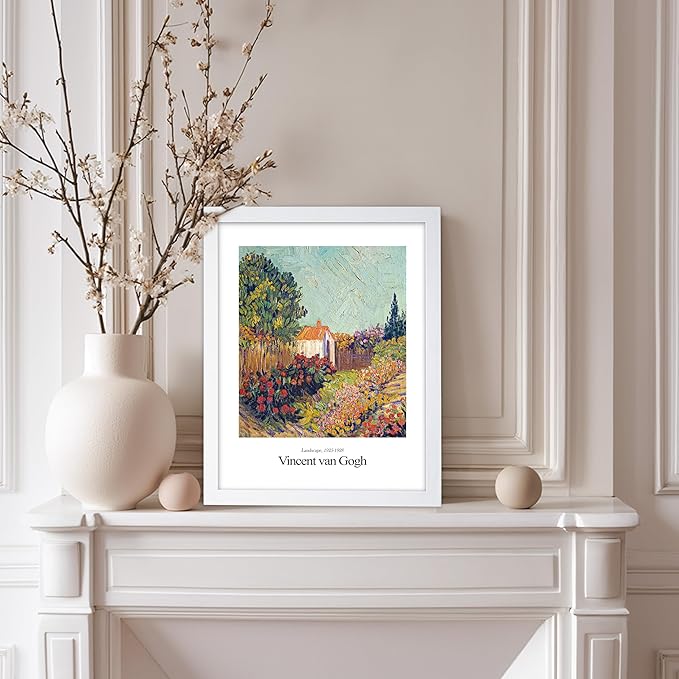 Monem Art Vintage Van Gogh Poster - Retro Impressionist Print - Flower Garden, Cottage, Sky, Colorful, Landscape - Gift for Artist, Friend - Wall Decor for Home, Office, 8x10 White Framed