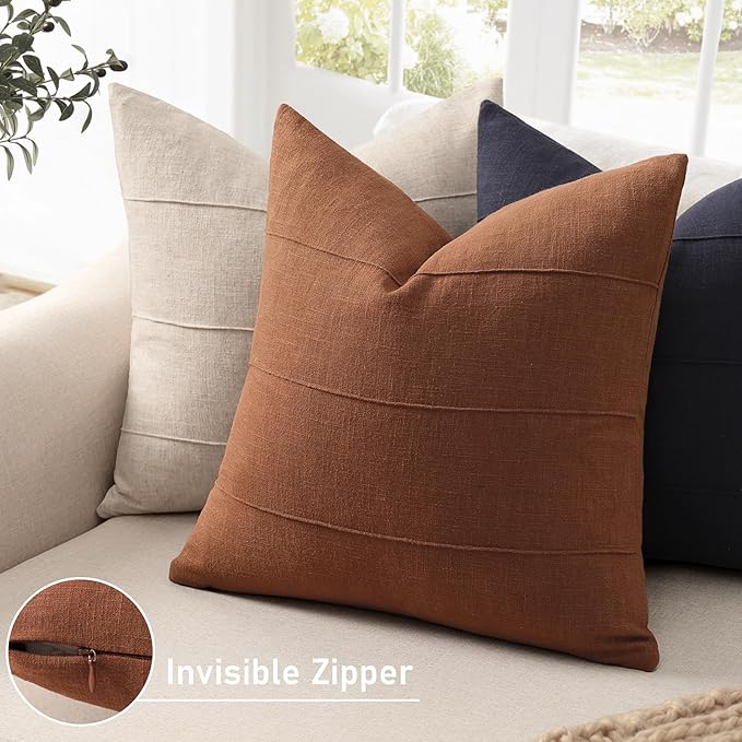 ZWJD 12x20 Pillow Covers Set of 2 Decorative Linen Lumbar Pillow Covers Solid Handcrafted Striped Cushion Covers for Bed Soft Modern Farmhouse Neutral Pillowcase for Couch Bedroom Living Room (Rust)