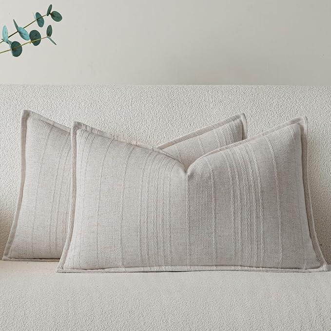 a moment Linen Pillow Covers Set of 2,Boho Farmhouse Throw Pillowcases Neutral Textured Decorative Covers for Couch Sofa Bed,Soft Linen Blend Accent Case Cushion Living Room Home Decor 20"x12"Ivory