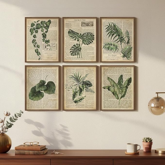 Framed Vintage Botanical Wall Art, Set of 6 Green Leaf and Fern Canvas Painting Prints, Rustic Farmhouse Plant Artwork for Living Room Bedroom Kitchen Dining Room Office Apartment Decor, 11x14 Inch
