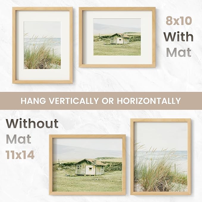 11x14 Picture Frame, USA-Sourced Natural Beech Wood Photo Collage Frame with HD Tempered Glass, Modern Simple 11 x 14 Wooden Frame Matted to 8x10, Vertical & Horizontal Wall Hanging Display