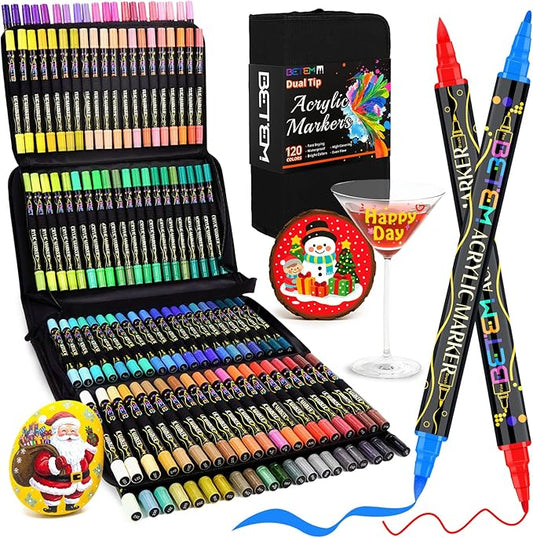 Betem Paint Markers Acrylic Paint Pens, Dual Tip 120 Colors Acrylic Markers with Brush Tip and Fine Point, Art Supplies for Wood, Canvas, Glass, Rock Painting Kit DIY Crafts Drawing Kit with Bag
