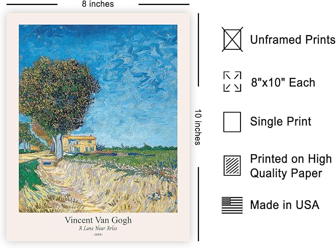 Monem Art Vintage Van Gogh Poster - Retro A Lane near Arles Print - Impressionism Art - Fine Art - Classic Painting Art - Landscape Art - Great Bedroom or Office Decor - 8x10 UNFRAMED Wall Art