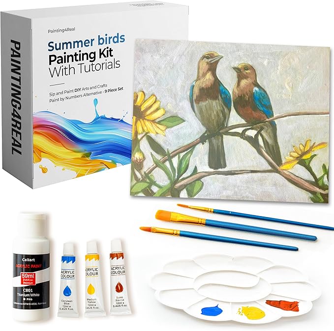 Painting4Real DIY Painting Class Kit for Adults with Video Tutorials: Learn to Paint Summer Birds – How to Paint with Acrylics – Painting & Art Supplies – 9 Piece Acrylic Paint Set
