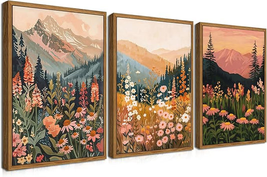 Floating Framed Large Boho Colorful Mountain Wall Art Set of 3, Vintage Wildflower Landscape Canvas Wall Decor Paintings, Nature Floral Forest Posters Pictures Prints for Living Room 16x24 Inch