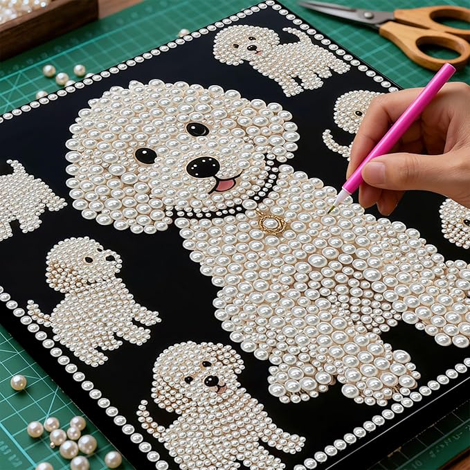 DIY Pearl Painting Kit with Wooden Frame, 3D Plastic Pearl Gemstone Ocean Art Craft for Adults Beginners, Diamond Art Kits for Adults, Home Wall Decor Ready Gift for Women(Puppy)(30 * 30cm)