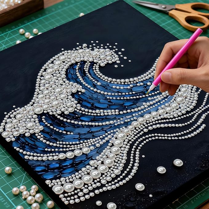 DIY Pearl Painting Kit with Wooden Frame, 3D Plastic Pearl Gemstone Ocean Art Craft for Adults Beginners, Diamond Art Kits for Adults, Home Wall Decor Ready Gift for Women(Waves)(30 * 30cm)