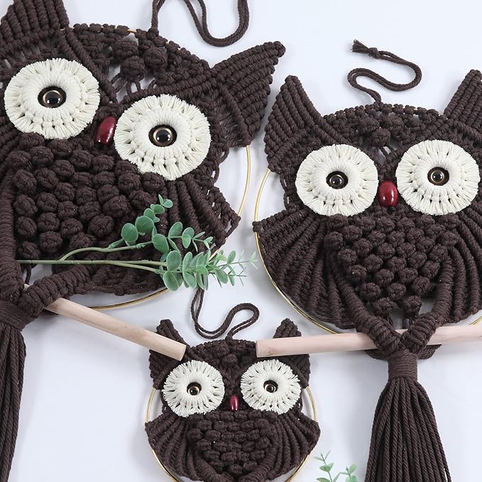 MVSUTA Owl Chocolate Cotton Handmade Macrame Wall Hanging Tapestry Home Decor Art and Craft Wonderful Decoration Woven Boho Ornament for Office Bedroom Apartment Living Nursery Gallery,3pcs set:1pc L