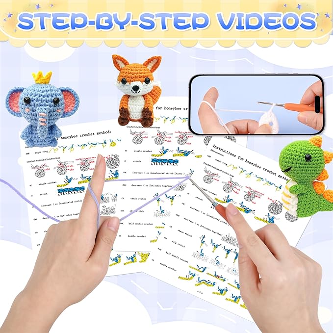 OLHKYN 6Pcs Crochet Kit for Beginners, 2025 DIY Craft for Adults and Kids, Great Gift for Crochet Lovers, Crocheting Animal Kits with Step by Step Videos,Yarn,Crochet Hook,Birthday Holiday Gift