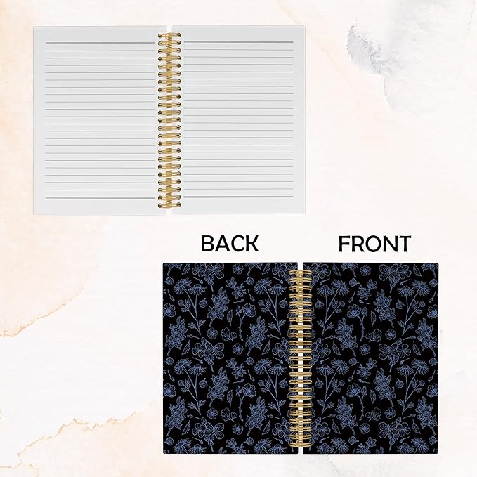Pugwak Vintage Floral Dark Journal Notebook - Aesthetic Black Botanical Flower Notebooks College Ruled for Work School, Gifts for Women Coworker, Office Supplies, Hardcover Spiral Notebook 5.5"x8.3"