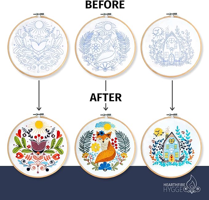 Hearthfire Hygge Embroidery Kit for Beginners | Scandinavian Folk Art Beginner Embroidery Kit for Adults | Fox, House, Flower Cross Stitch Kits for Beginners | Needlepoint Kits for Adults