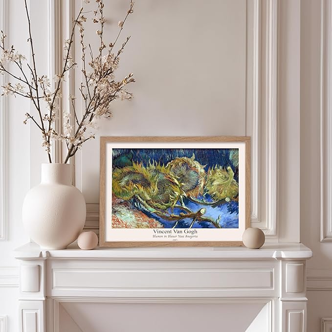 Monem Art Vintage Van Gogh Poster - Retro Blumen in Blauer Vase Anagoria Print - Sunflower Art - Impressionism Art - Fine Art - Classic Painting Art - Bedroom Wall Decor - 11x14 Beige Framed