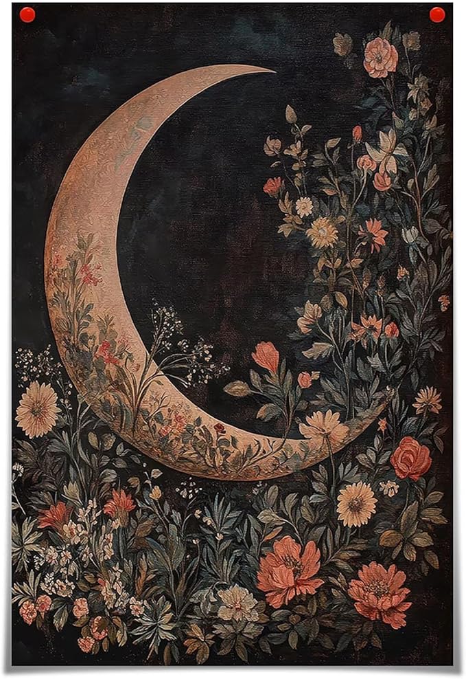 Crescent Moon Floral Canvas Poster Modern Trendy Lunar Wall Art Vintage Dark Celestial Painting Prints Whimsical Botanical Aesthetic Home Decor for Bedroom Living Room 20x30inch Unframed