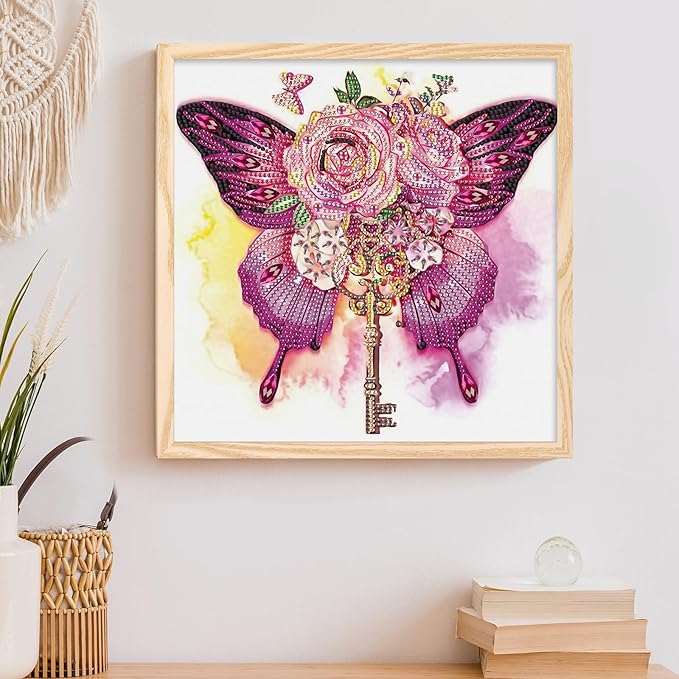 Tontut Butterfly Rose Diamond Art Painting Kits, 5D Special Shape Beginner Crystal Diamond Art Painting for Home Wall Decor Gifts 12×12 inch