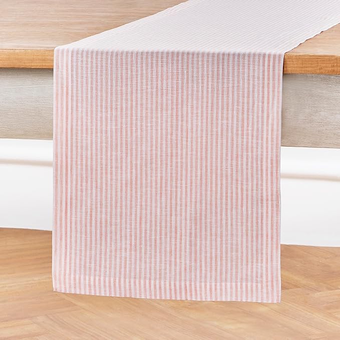 Solino Home Linen Table Runner 120 Inches Long - Narrow Stripe, 100% Pure Linen Peach and White Table Runner 14 x 120 Inch for Dining, Valentines, Spring, Easter