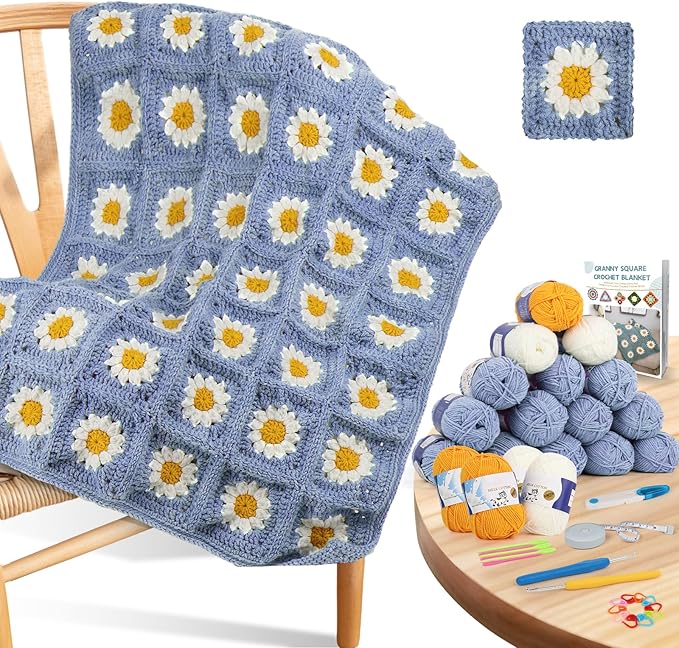 Coopay Crochet Kit Beginners for Blanket, Granny Squares Crochet Blanket Kit w Instructions & Enough Yarn, Complete Crocheting Starter Set - Easy to Learn for Adults (Blue-Purple)
