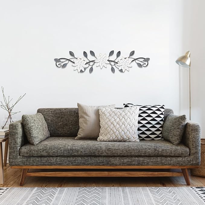 KHJCXS Metal Wall Art Modern Minimalist Metal Flowers Indoor Decor Horizontal Wall Art Iron Artwork,for Over Door,Bedroom,Living Room,Kitchen,Office Scroll Decor (White2)