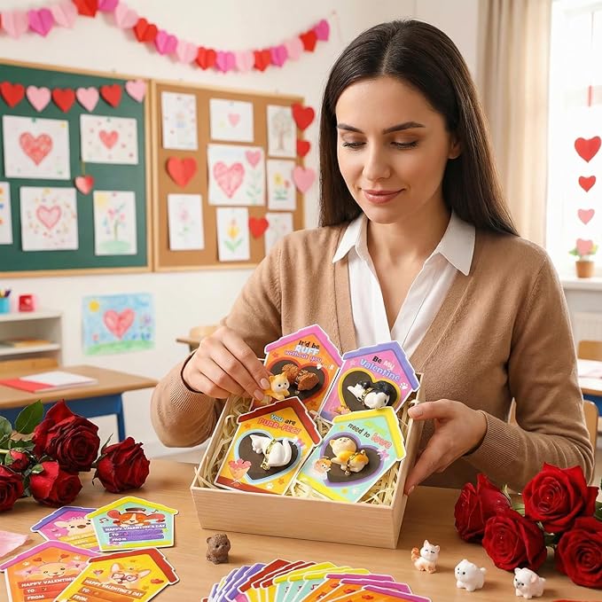 Zhanmai 48 Pcs Dog Valentine's Day Gifts Card and Dog Cat Resin Figurines Miniature Puppy Heart Greeting Card for Valentine Party Favors Exchange Prizes Gifts (Novel)
