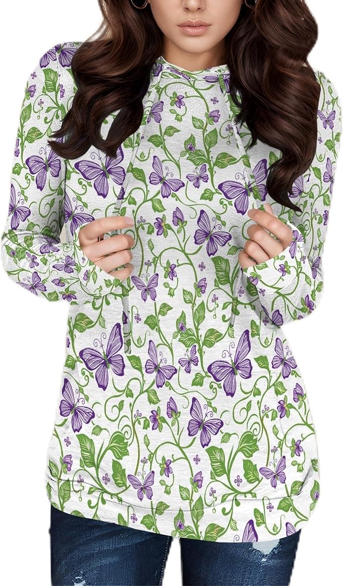 Hooded Sweatshirt Women Fall Butterfly Sweatshirts Lightweight Long Sleeve Pullover Tops Trendy Outfits Plus Size