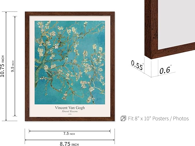Monem Art Vintage Van Gogh Poster - Retro Almond Blossoms Print - Impressionism Art - Fine Art - Classic Painting Art - Flower Art - Floral Bedroom or Office Wall Decor - 8x10 Brown Framed