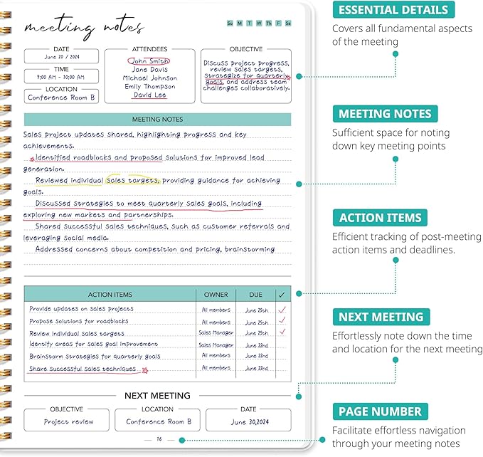 Meeting Notebook for Work Organization, Aesthetic Meeting Minutes Notebook for Work, Event Project Agenda Planner Organizer, Perfect for Office School Business Supplies, 6.9" X 9.7" - Soft Petals