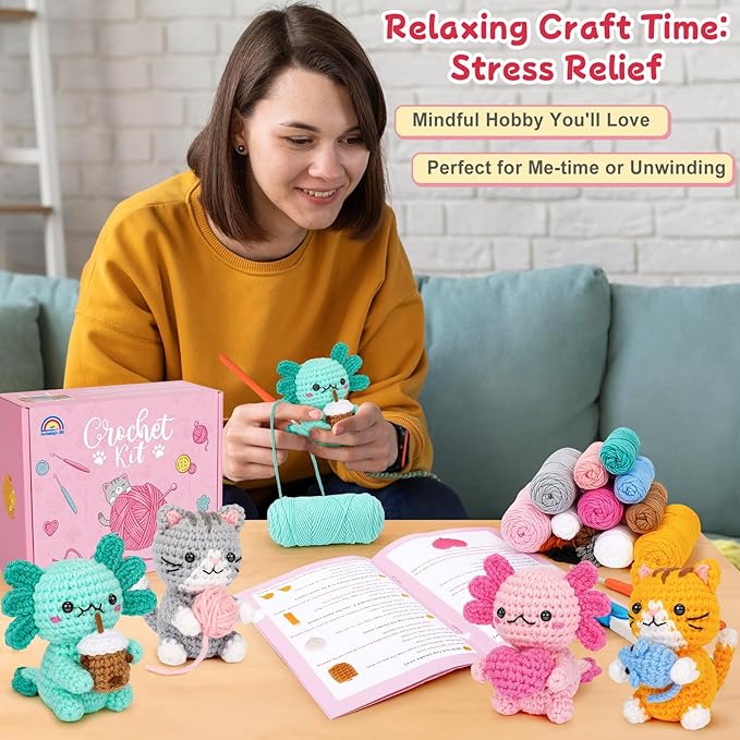 Fortuning's JDS Crochet Kit for Beginners, Axolotls & Cat Crochet Kit for Adults Beginner, Complete Crochet Animals Starter Kit with Step-by-Step Video Tutorials, Easy Knitting Kit Cat Crafts Gifts