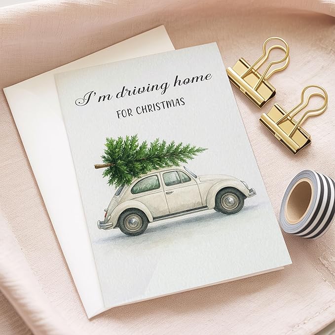 (5.3x8in) I’m Driving Home for Christmas Card with Envelope, Vintage Watercolor Car with Tree Design, Classic Holiday Greeting Card for Family, Friends, Couples, and Loved Ones (Xmas 29)