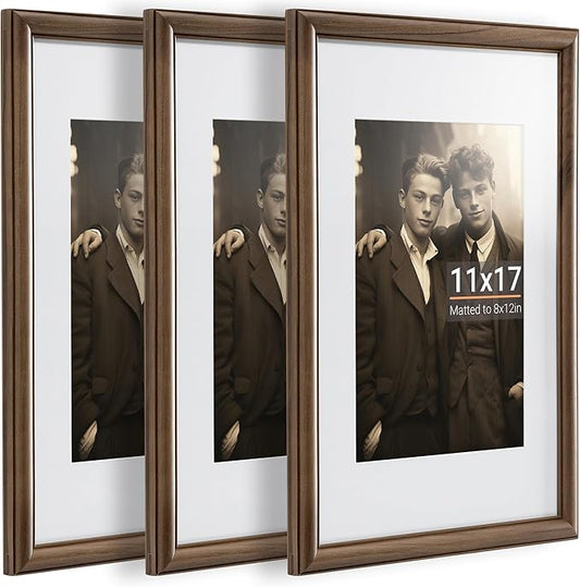 Heimlove 11x17 Picture Frame,11 x 17 Natural Solid Walnut Wood Frame Matted to 8x12 with Tempered Glass,11"x14" Handcrafted wood Poster Frame,Vertical or Horizontal Wall Hanging Display,3 Pack