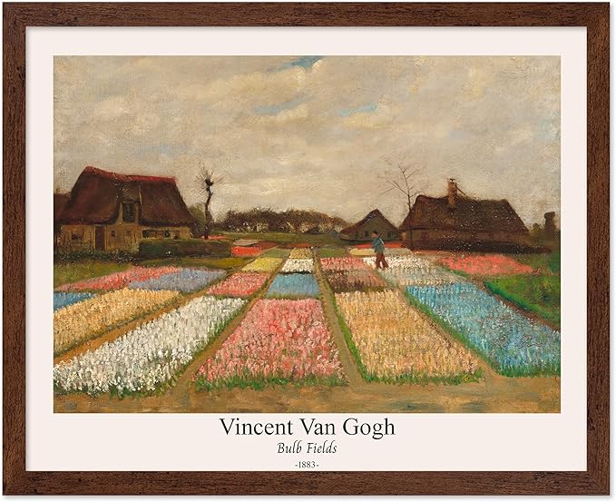 Monem Art Vintage Van Gogh Poster - Retro Bulb Fields Print - Flower Beds in Holland Art - Impressionism Art - Fine Art - Classic Painting Art - Great Bedroom Wall Decor - 8x10 Brown Framed