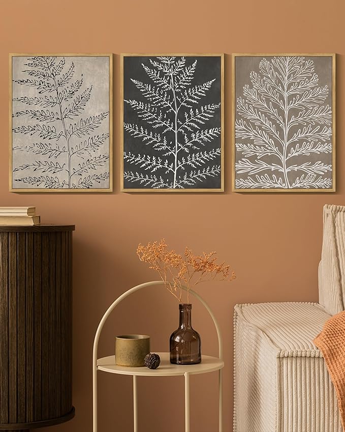 KUVIOKE Vintage Botanical Framed Wall Art Bohemian Tan Plant Leaf Wall Decor Nature Fern Plant Silhouette Wall Painting Home Decor 12x16in (Natural Framed)