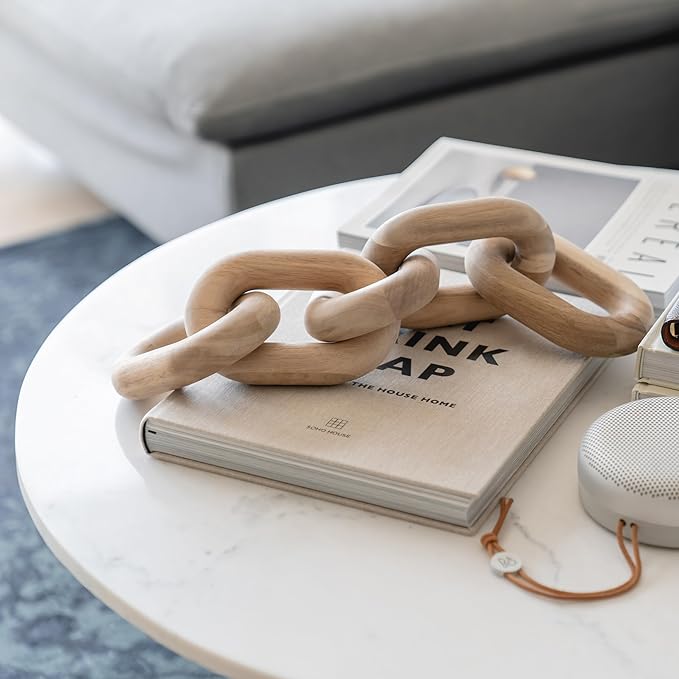 PEAKOLY Book Shelf Decor Items - Acacia Wood Chain Link Decor, Coffee Table Accessories, Bookshelf Decors, Sculpture for Shelves, Wooden Decorative Objects, Link Ornament, Living Room Accents