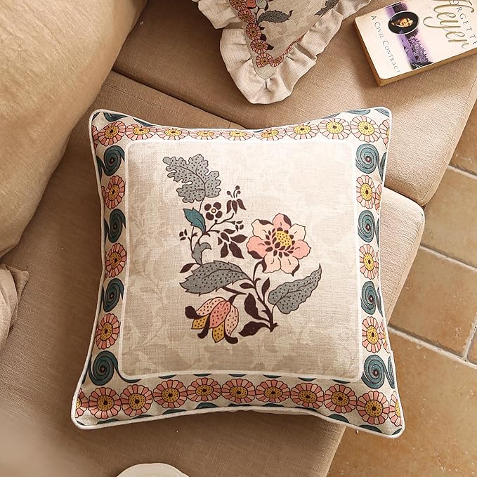 ISAENNE Design Square Linen Vintage Throw Pillow Covers 18"x18" Set of 4, Gray Green Farmhouse Cushion Covers with Silver Lotus Floral Pattern Decor Pillowcases for Bed,Living Room,Outdoor,Car