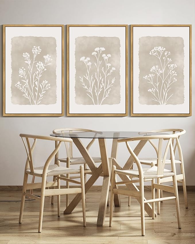 KUVIOKE Boho Botanical Flower Framed Wall Art Farmhouse Vintage Floral Wall Painting Rustic Wildflower Neutral Prints Artwork Home Decor 24x36in (Natural Framed)