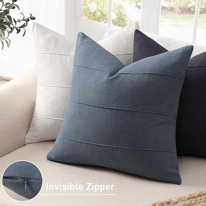 ZWJD Decorative Linen Throw Pillow Covers 18x18 Set of 2 Solid Handcrafted Striped Cushion Covers for Bed Soft Modern Farmhouse Neutral Pillowcase for Couch Bedroom Living Room Home Decor(Slate Blue)