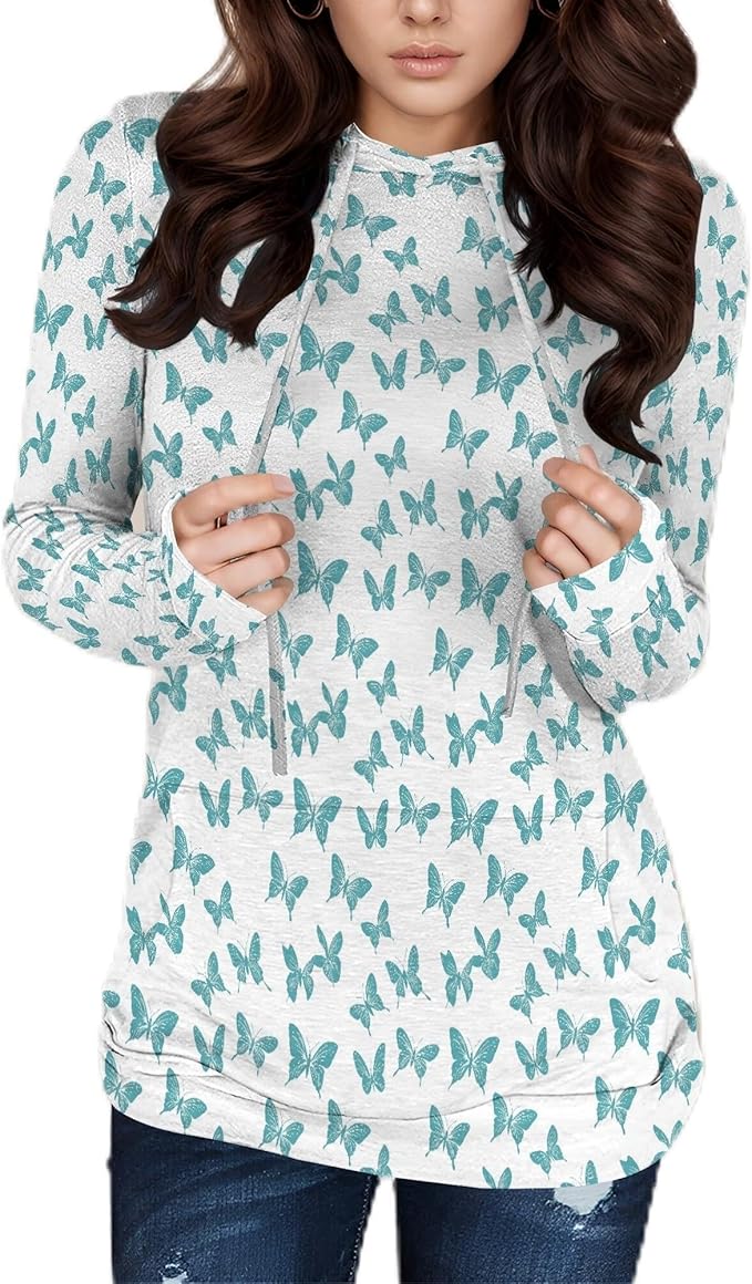 Hooded Sweatshirt Women Fall Butterfly Sweatshirts Lightweight Long Sleeve Pullover Tops Trendy Outfits Plus Size