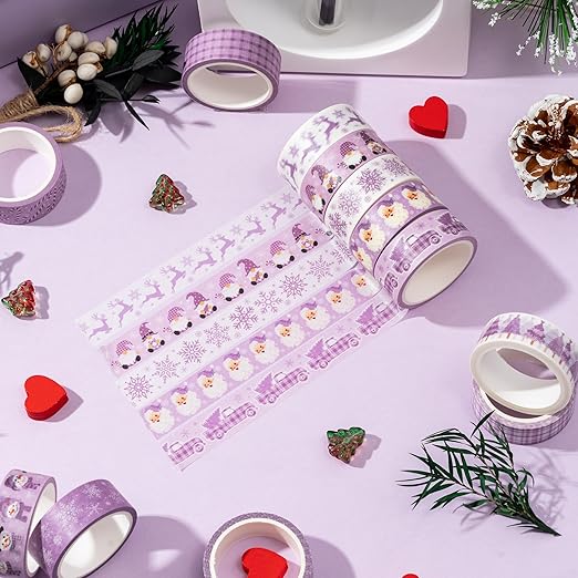 Purple Christmas Washi Tape - 12 Rolls Elegant Santa Reindeer Snowflake Watercolor Aesthetic Adhesive Decorative for Journal Gift Wrapping, Scrapbook, Photo Albums, Easy Tear DIY Art Crafts