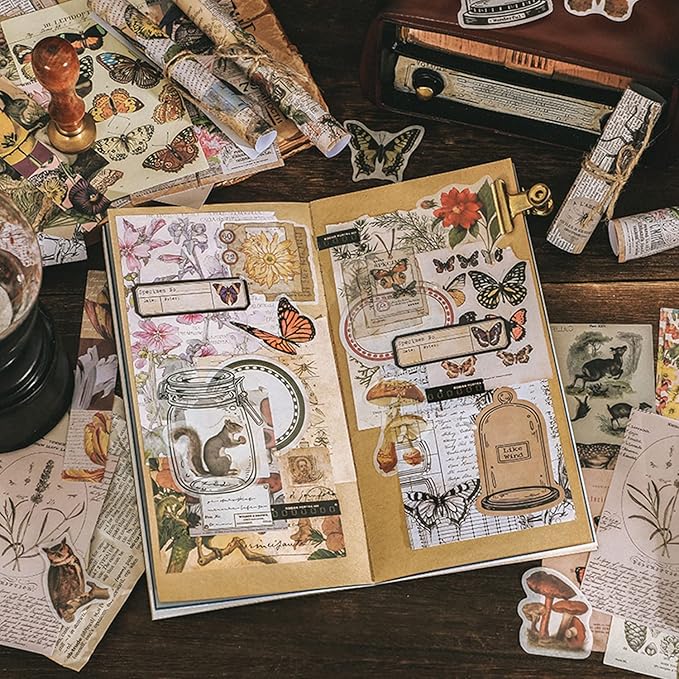Knaid 200 Pieces Vintage Ephemera Pack Decoupage Paper Junk Journal Kit Scrapbook Planner Sticker Supplies for Art Journaling Bullet Journals Collage Craft Notebooks Album Crafter Gifts (Forest)