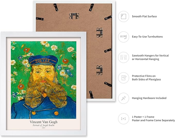 Monem Art Vintage Van Gogh Poster - Retro Portrait of the Joseph Roulin Print - Impressionism Art - Postman Art - Fine Art - Classic Painting Art - Living Room Wall Decor - 11x14 White Framed