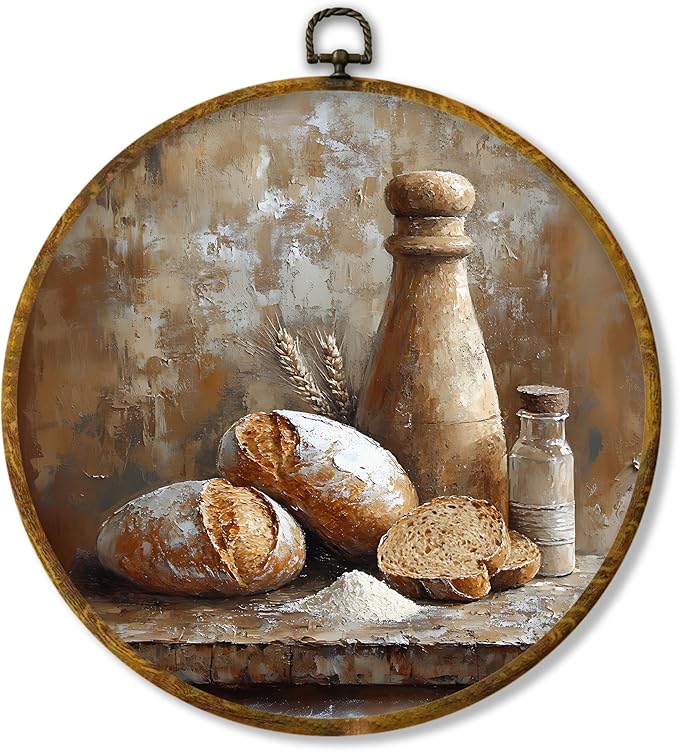 Hiuwevt Vintage Bakery Kitchen Round Wall Art Decor, Rustic Still Life Framed Canvas Prints, Retro Bread Baking Tea Time Round Wall Hanging Decor for Bedroom Home Decorations, 10x10 Inches