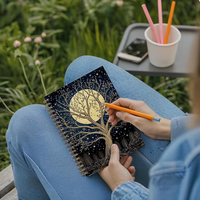 Witchy Moon Trees Notebook, Mystical Celestial Starry Night Botanical Journal, Witchy Gifts for Women, Witch Celestial Aesthetic Spiral Journal Notebook, 5.5x8.3 Inch