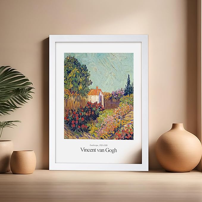 Monem Art Vintage Van Gogh Poster - Retro Impressionist Print - Flower Garden, Cottage, Sky, Colorful, Landscape - Gift for Artist, Friend - Wall Decor for Home, Office, 16x20 White Framed