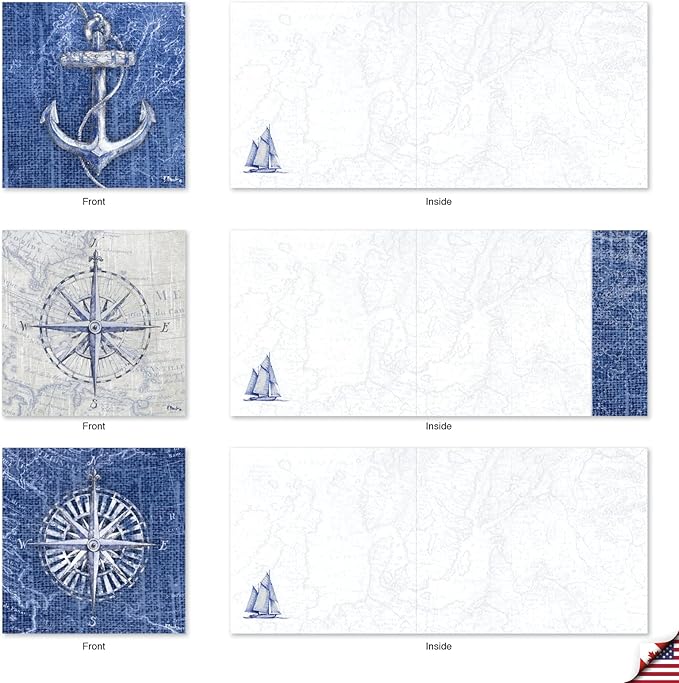 The Best Card Company - 10 All Occasion Blank Cards (4 x 5.12 Inch) - Nautical, Ocean, Sea Life Assortment of Notecards - Nautical World AMQ6671OCB-B1x10