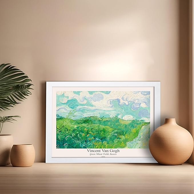 Monem Art Vintage Van Gogh Poster - Retro Green Wheat Fields Auvers Print - Impressionism Art - Fine Art - Landscape Art - Classic Painting Art - Great Living Room Decor - 16x20 White Framed